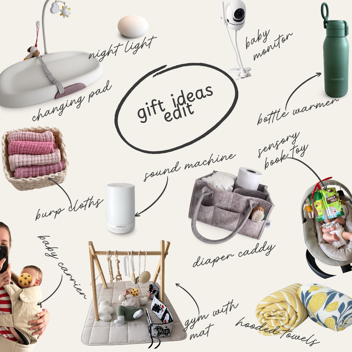 Gift ideas edit featuring a changing pad, night light, baby monitor, bottle warmer, burp cloths, sound machine, diaper caddy, baby carrier, play gym, sensory book, and hooded towels.