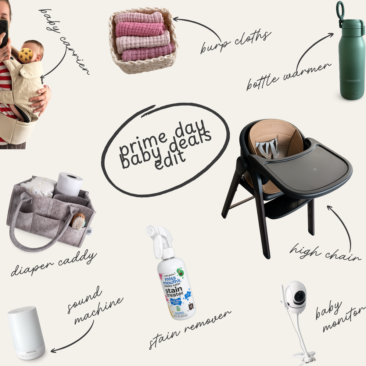 Prime Day baby deals featuring a baby carrier, burp cloths, bottle warmer, high chair, diaper caddy, stain remover, sound machine, and baby monitor.